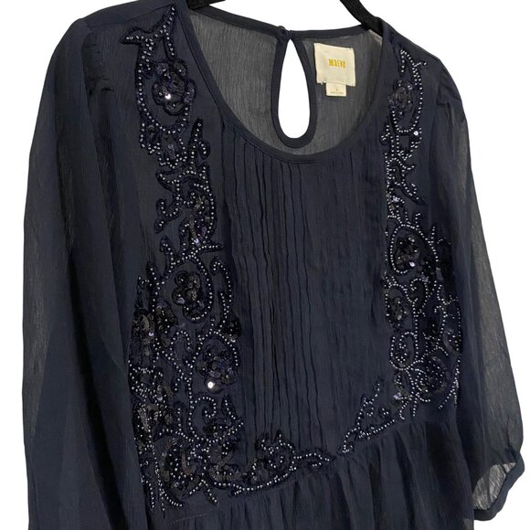 Anthropologie Maeve Helene Sequined Embellished‎ Peplum Navy Blue Blouse Size 2 - Picture 3 of 10